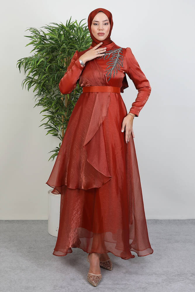 Taşlı Organze Abiye Kiremit 