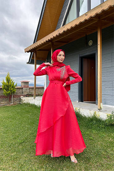 Taşlı Organze Abiye Kırmızı 