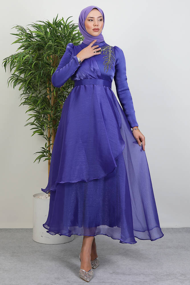Taşlı Organze Abiye Koyu Lila - LAMİAGİYİM