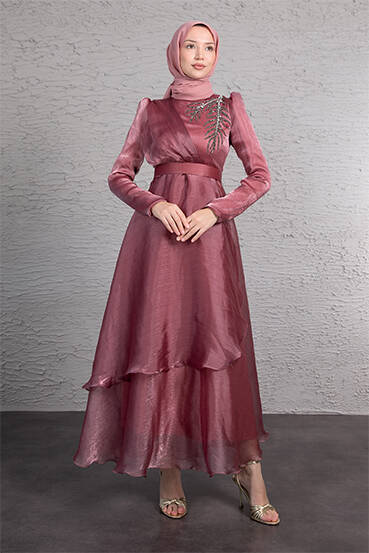 Taşlı Organze Abiye Koyu Pembe 