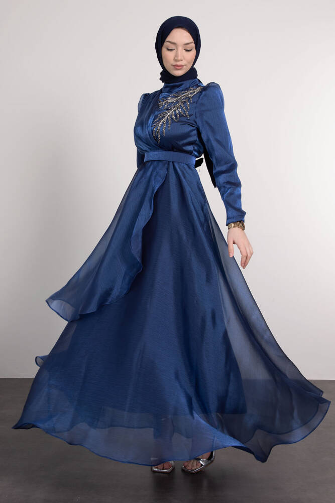 Taşlı Organze Abiye Lacivert 