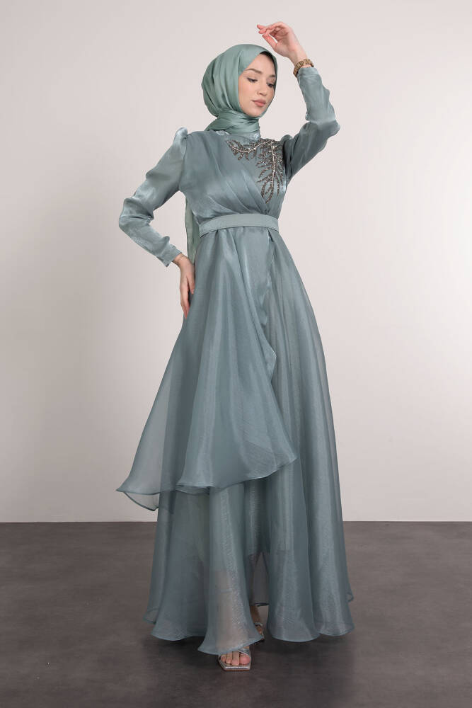 Taşlı Organze Abiye Mint 