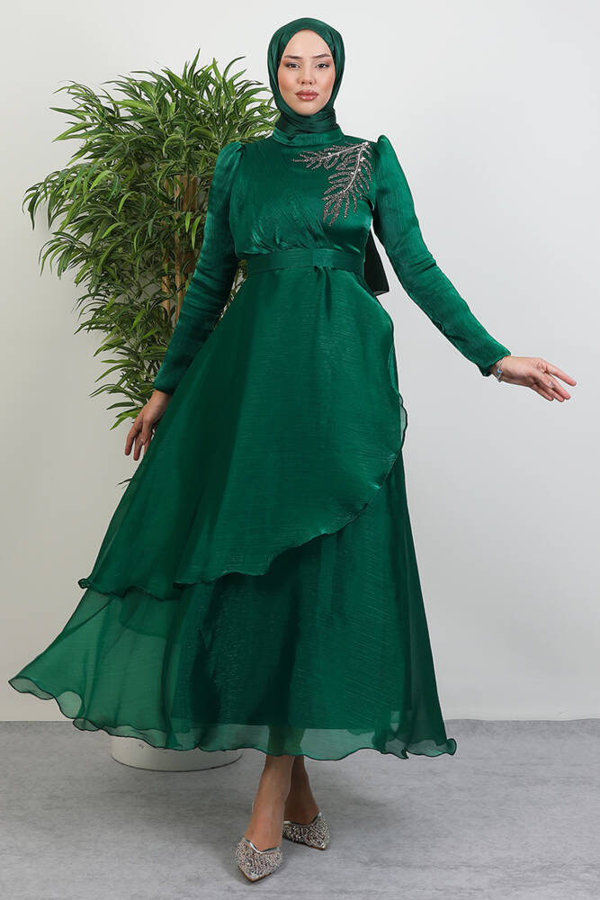 Taşlı Organze Abiye Orman Yeşil 