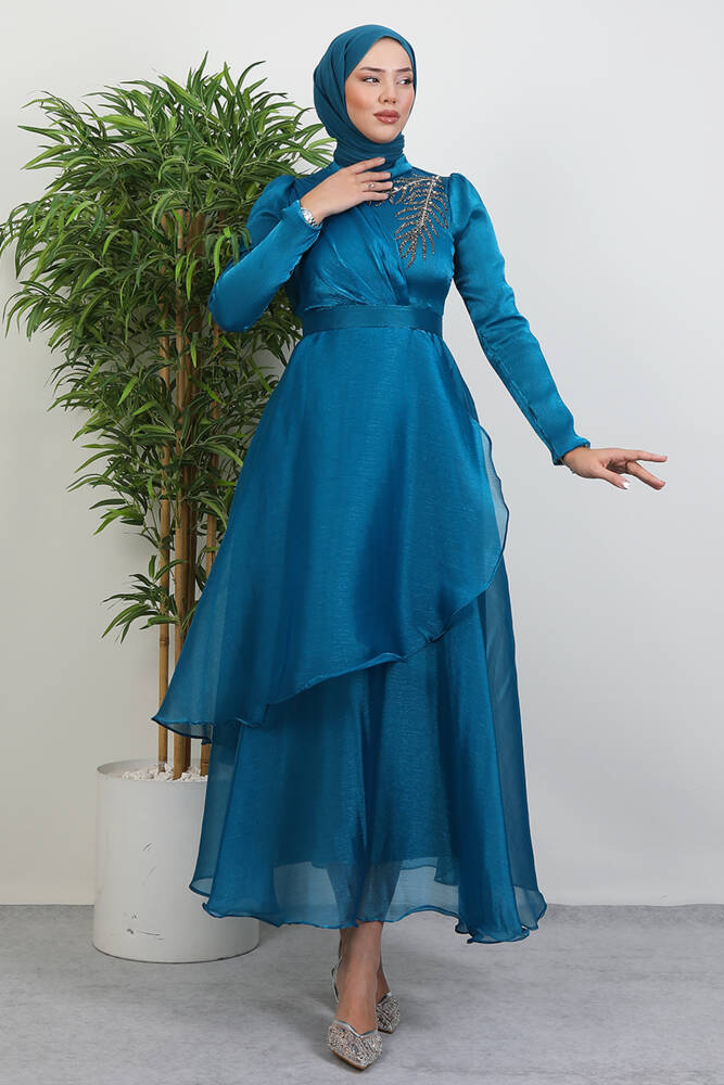 Taşlı Organze Abiye Petrol 