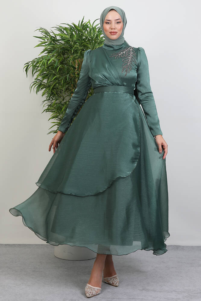 Taşlı Organze Abiye Soft Yeşil 