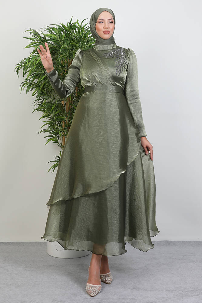 Taşlı Organze Abiye Yağ Yeşil 