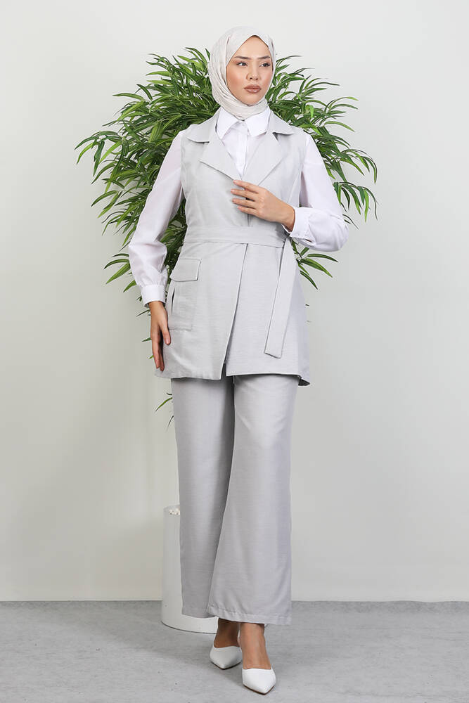 Tek Cepli Kruvaze Yaka Takım Açık Gri - LAMİAGİYİM