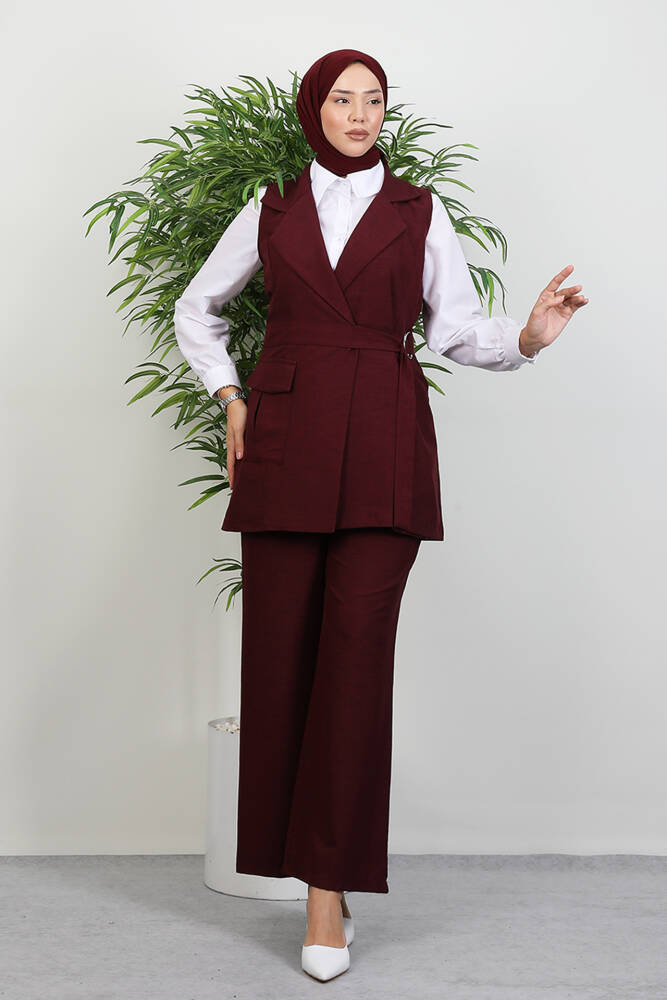 Tek Cepli Kruvaze Yaka Takım Bordo - LAMİAGİYİM