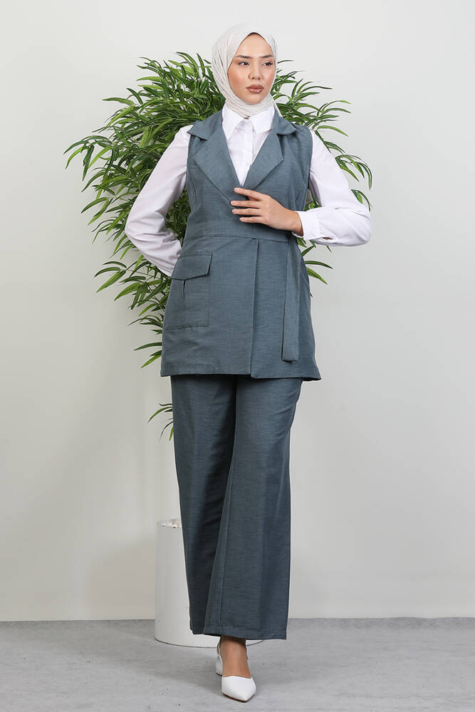 Tek Cepli Kruvaze Yaka Takım Gri Mavi - LAMİAGİYİM