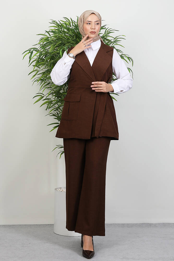 Tek Cepli Kruvaze Yaka Takım Kahverengi - LAMİAGİYİM