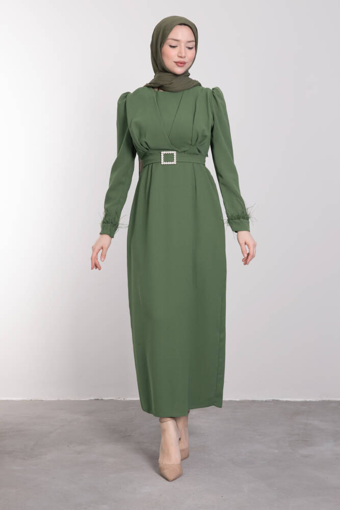Tüy Detay Tesettür Elbise Haki - LAMİAGİYİM