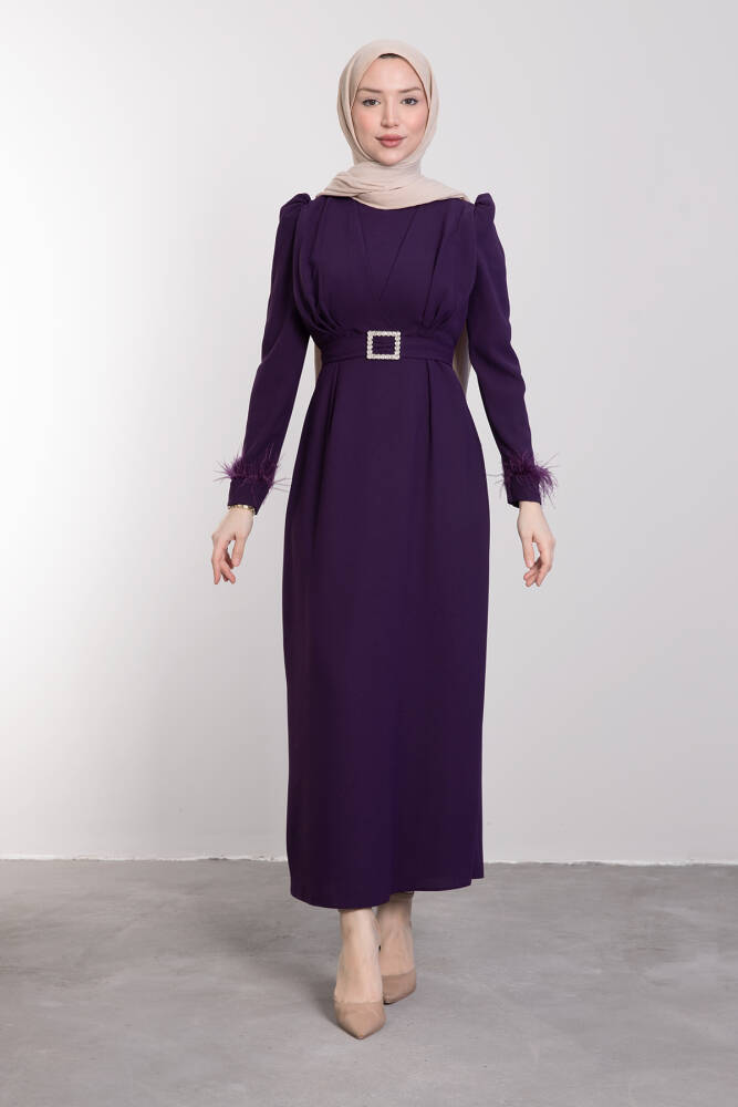Tüy Detay Tesettür Elbise Koyu Mor - LAMİAGİYİM