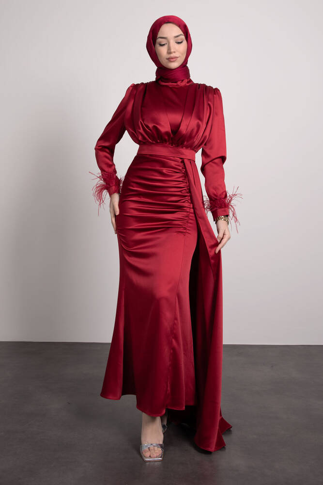 Tüylü Saten Tesettür Elbise Bordo 