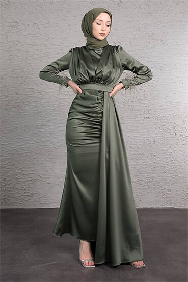 Tüylü Saten Tesettür Elbise Haki 