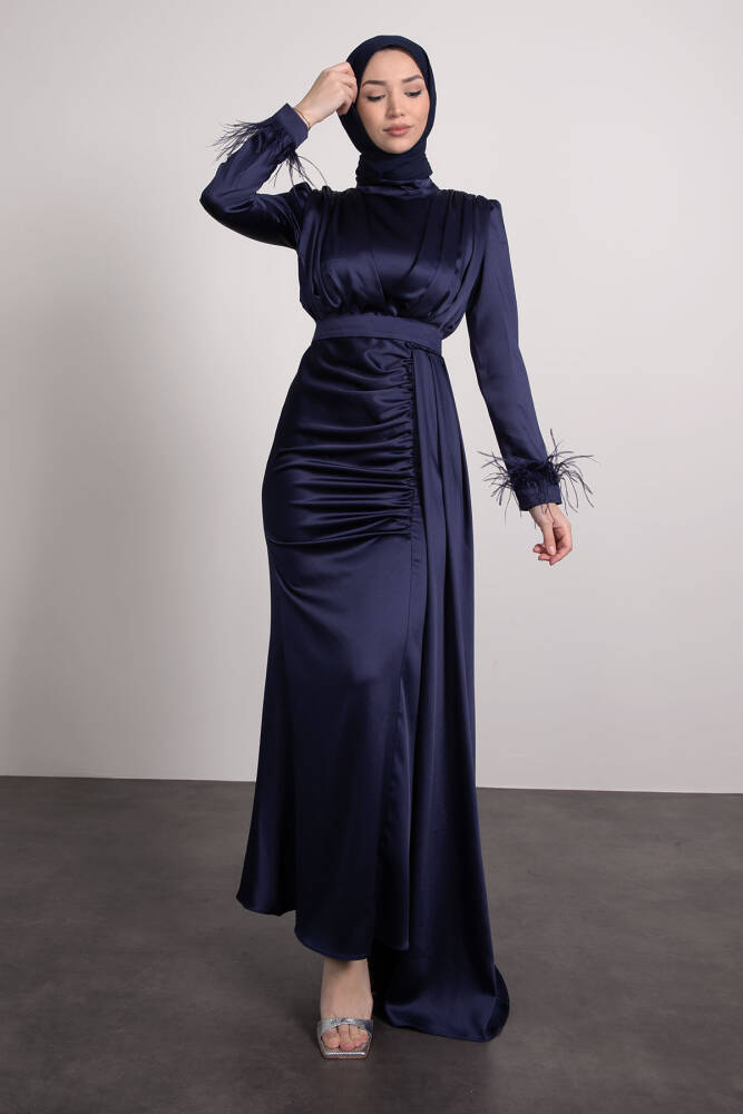 Tüylü Saten Tesettür Elbise Lacivert 