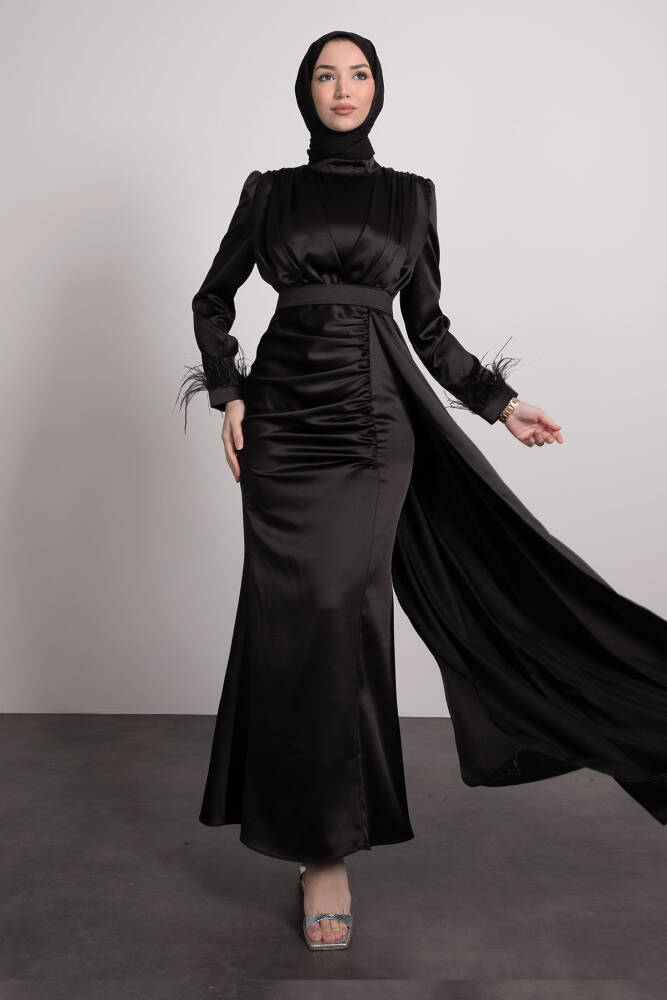 Tüylü Saten Tesettür Elbise Siyah 