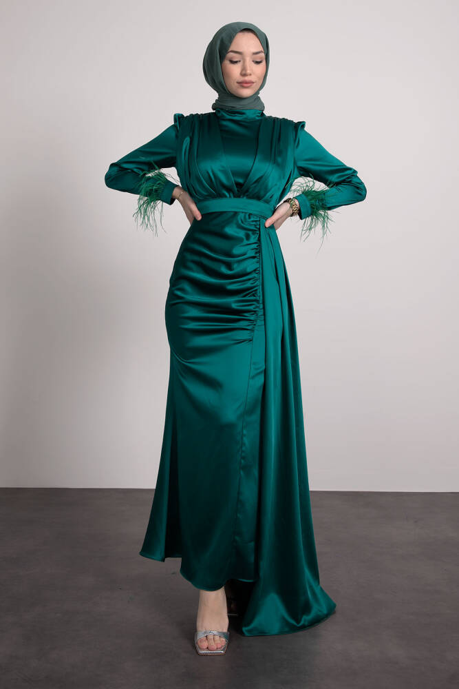 Tüylü Saten Tesettür Elbise Zümrüt 