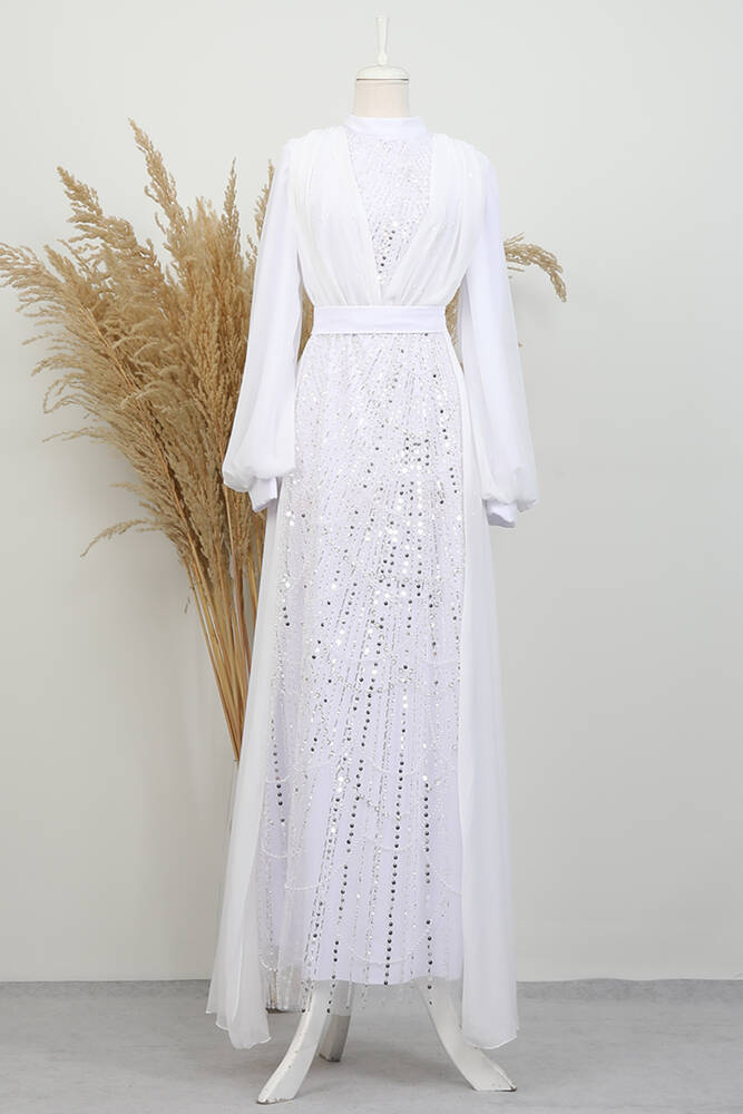 Yakamoz Taşlı Abiye Beyaz - LAMİAGİYİM