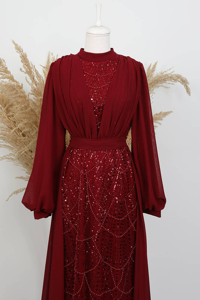 Yakamoz Taşlı Abiye Bordo - LAMİAGİYİM