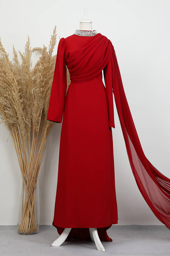 Yakası Taşlı Elbise Bordo - LAMİAGİYİM