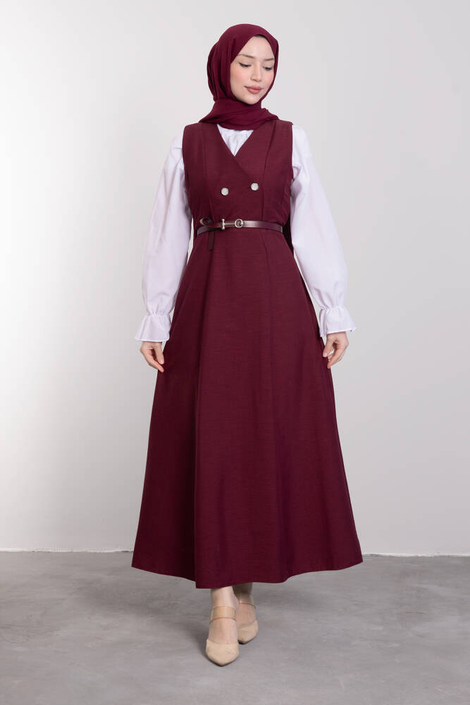 Yakası V Düğmeli Kemerli Elbise Bordo - LAMİAGİYİM