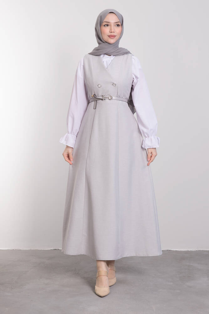Yakası V Düğmeli Kemerli Elbise Gri - LAMİAGİYİM