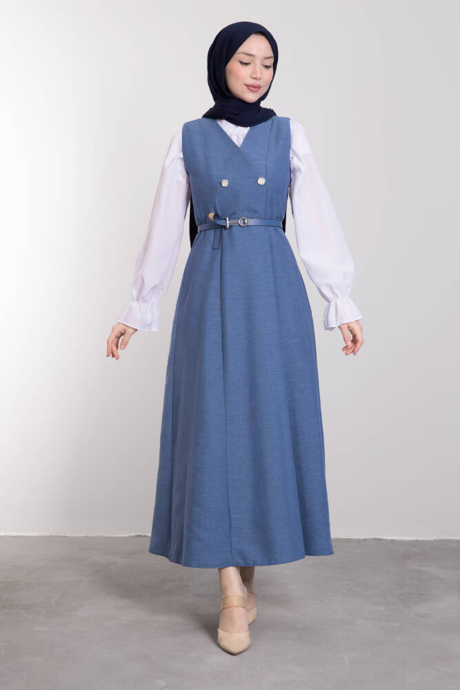 Yakası V Düğmeli Kemerli Elbise İndigo - LAMİAGİYİM