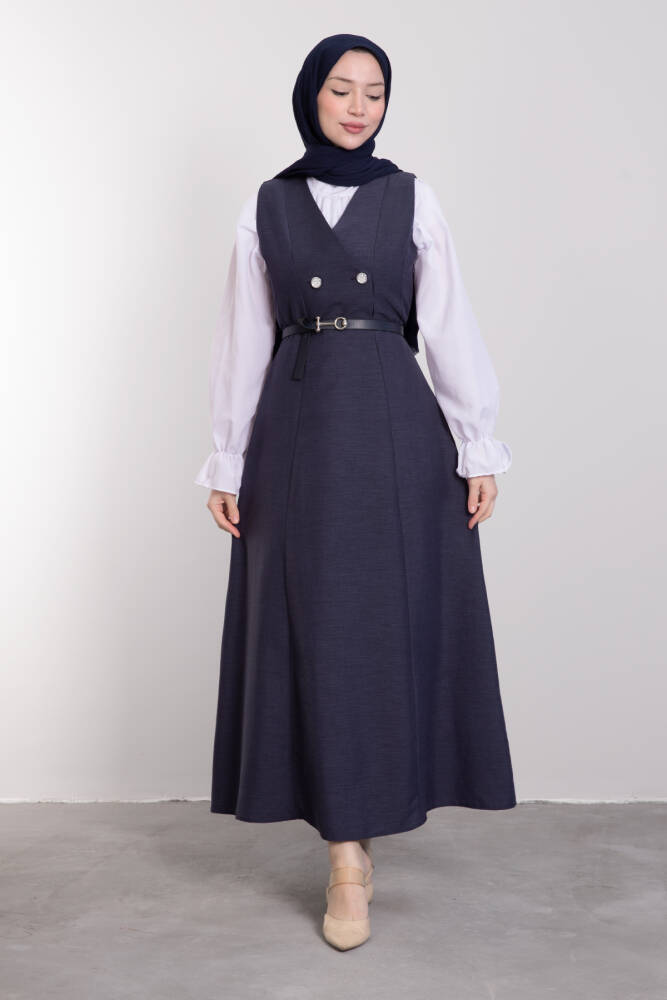 Yakası V Düğmeli Kemerli Elbise Lacivert - LAMİAGİYİM