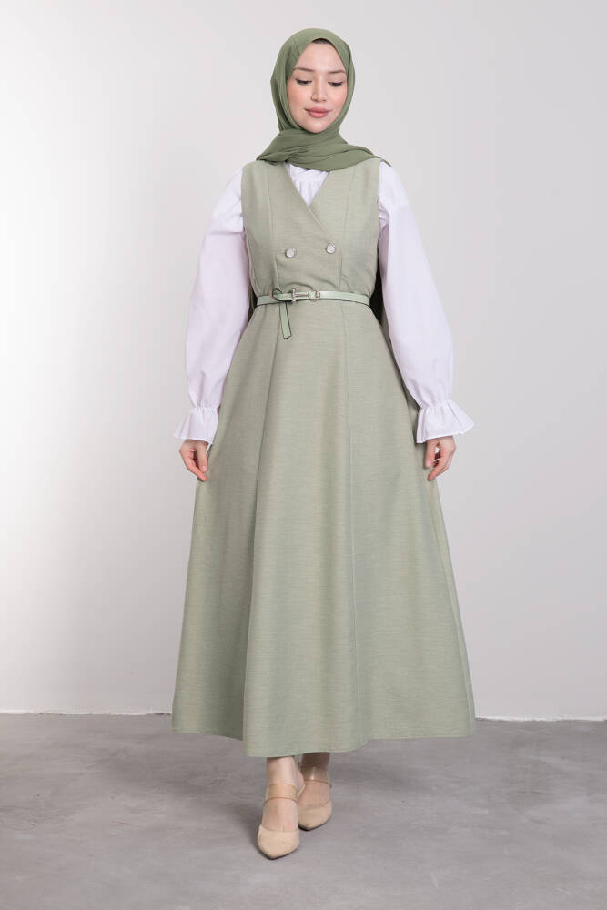 Yakası V Düğmeli Kemerli Elbise Soft Yeşil - LAMİAGİYİM