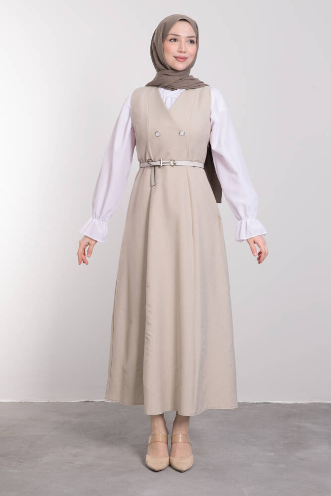 Yakası V Düğmeli Kemerli Elbise Vizon - LAMİAGİYİM