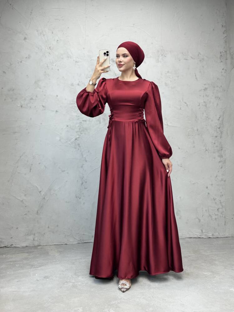 Yandan Bağcıklı Kloş Elbise Bordo - LAMİAGİYİM