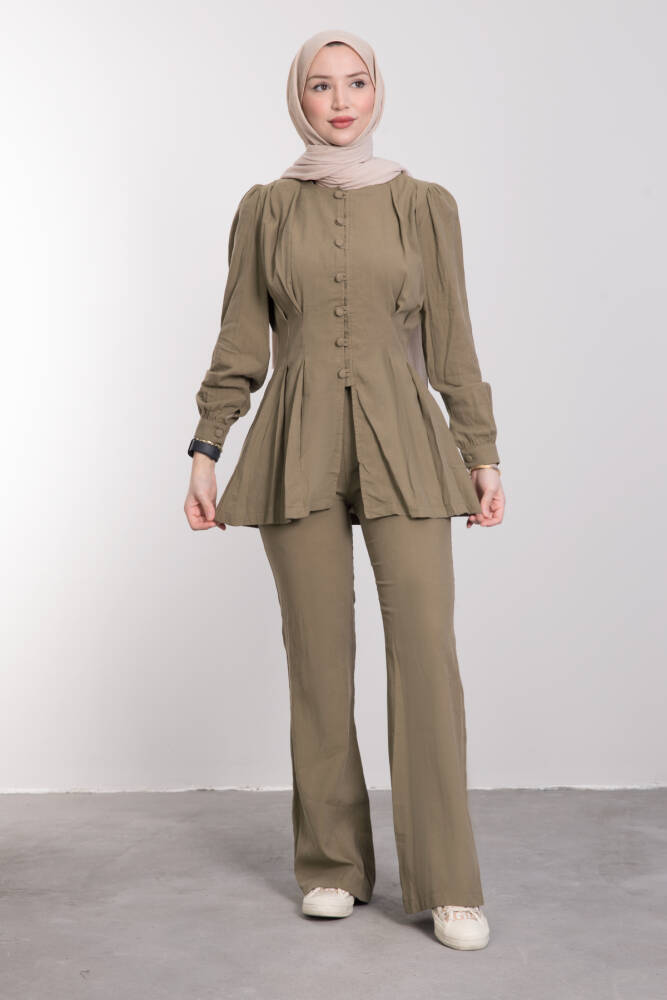 Yanları Pilise Dikişli Mini Düğmeli Takım Haki - LAMİAGİYİM