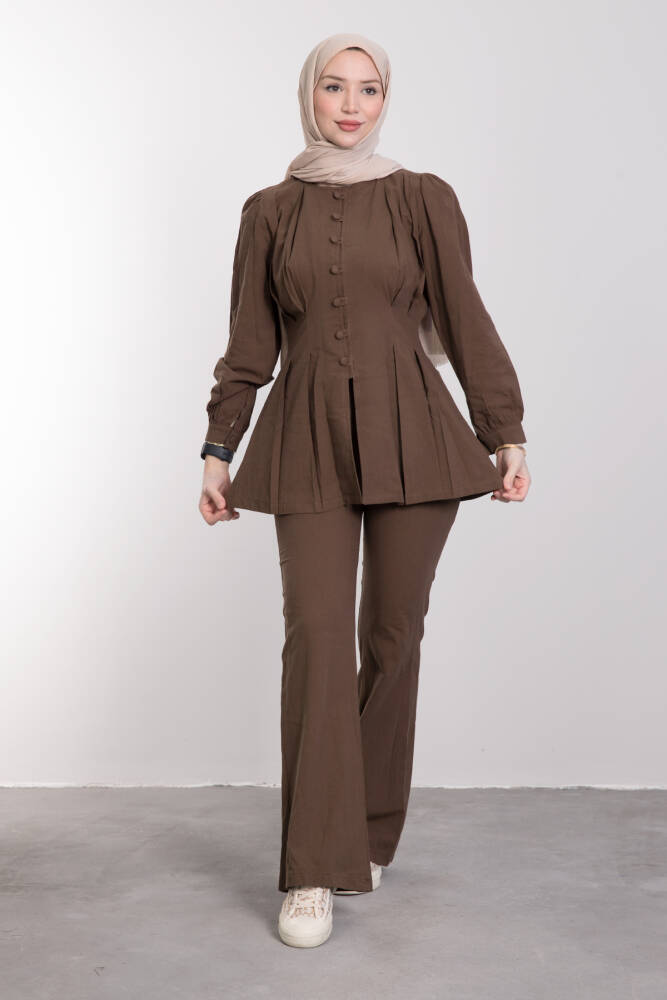 Yanları Pilise Dikişli Mini Düğmeli Takım Sütlükahve - LAMİAGİYİM