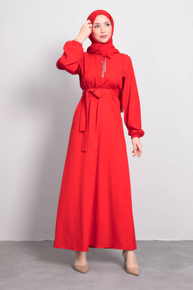 Zincir Düğme Detay Elbise Kırmızı - LAMİAGİYİM