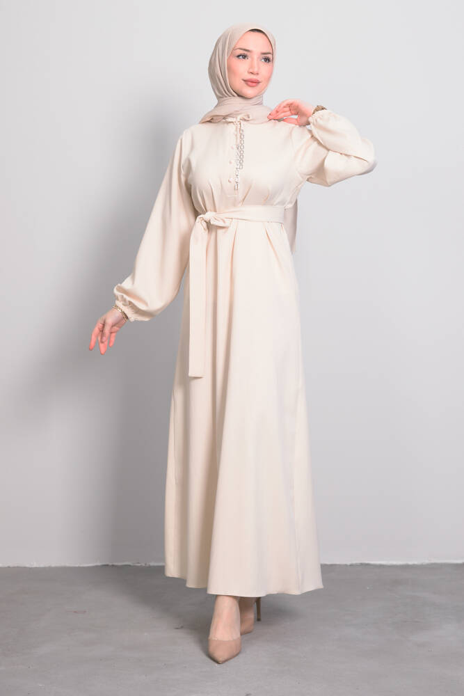 Zincir Düğme Detay Elbise Krem - LAMİAGİYİM