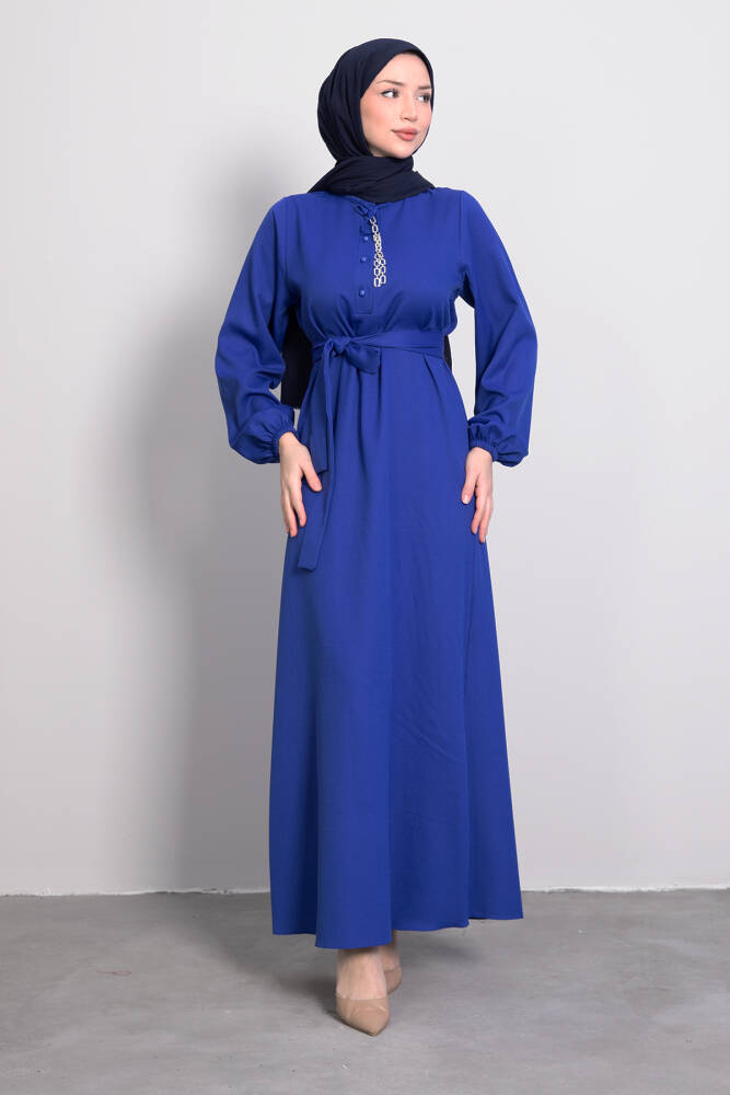 Zincir Düğme Detay Elbise Saks - LAMİAGİYİM