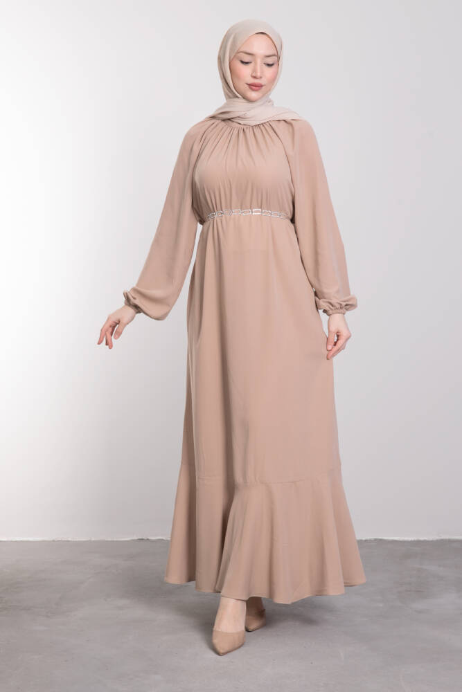 Zincir Kuşaklı Tesettür Elbise Bej - LAMİAGİYİM