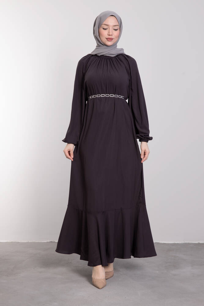 Zincir Kuşaklı Tesettür Elbise Koyu Gri 