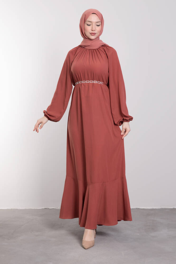 Zincir Kuşaklı Tesettür Elbise Mercan 