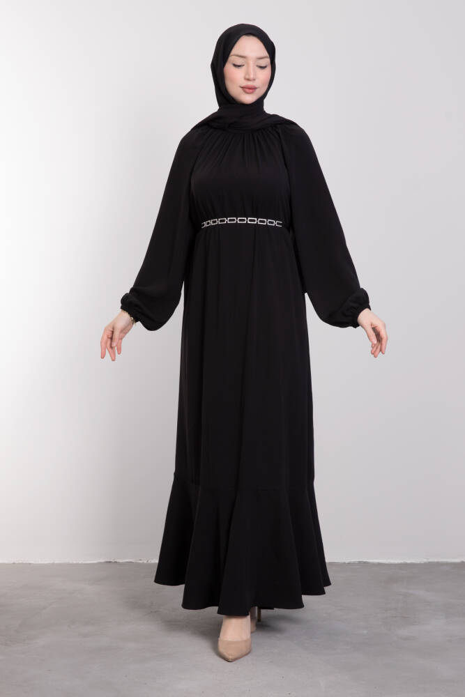 Zincir Kuşaklı Tesettür Elbise Siyah 