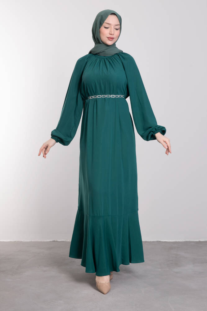 Zincir Kuşaklı Tesettür Elbise Zümrüt 